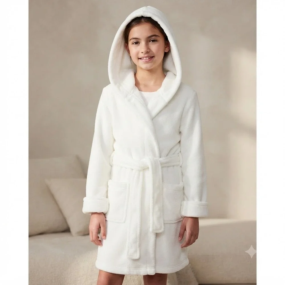 Gap Kids White Fleece Hooded Bathrobe Size 14 Recycled Polyester Tie Waist Robe